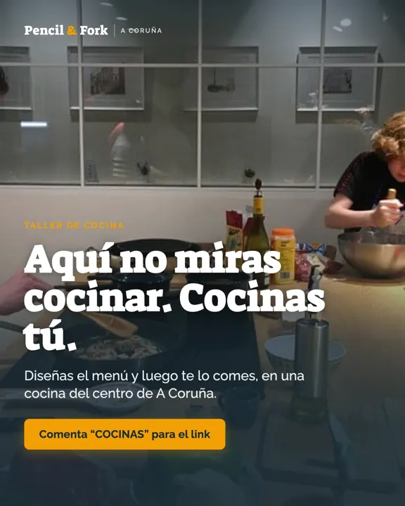 Instagram post published for Pencil & Fork: a guest cooking at the hob in the studio kitchen, headlined “Aquí no miras cocinar. Cocinas tú.”